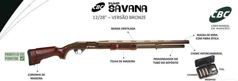 Pré-venda — Espingarda CBC Pump Savana Calibre 12 28" Oxidado Bronze com Coronha de Madeira