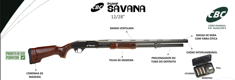 Pré-venda — Espingarda CBC Pump Savana Calibre 12 28" Oxidada com Coronha de Madeira