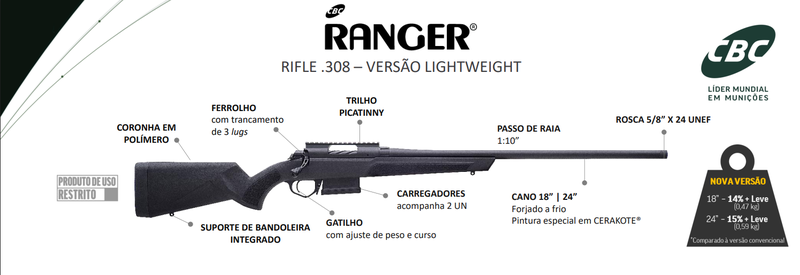 Rifle CBC Ranger Versão Lightweight .308 Win 24” Oxidado Bolt Action