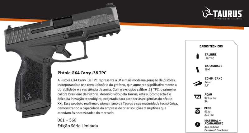 Pistola Taurus GX4 Carry Cal. .38 TPC Edição Limitada 85 Anos Taurus
