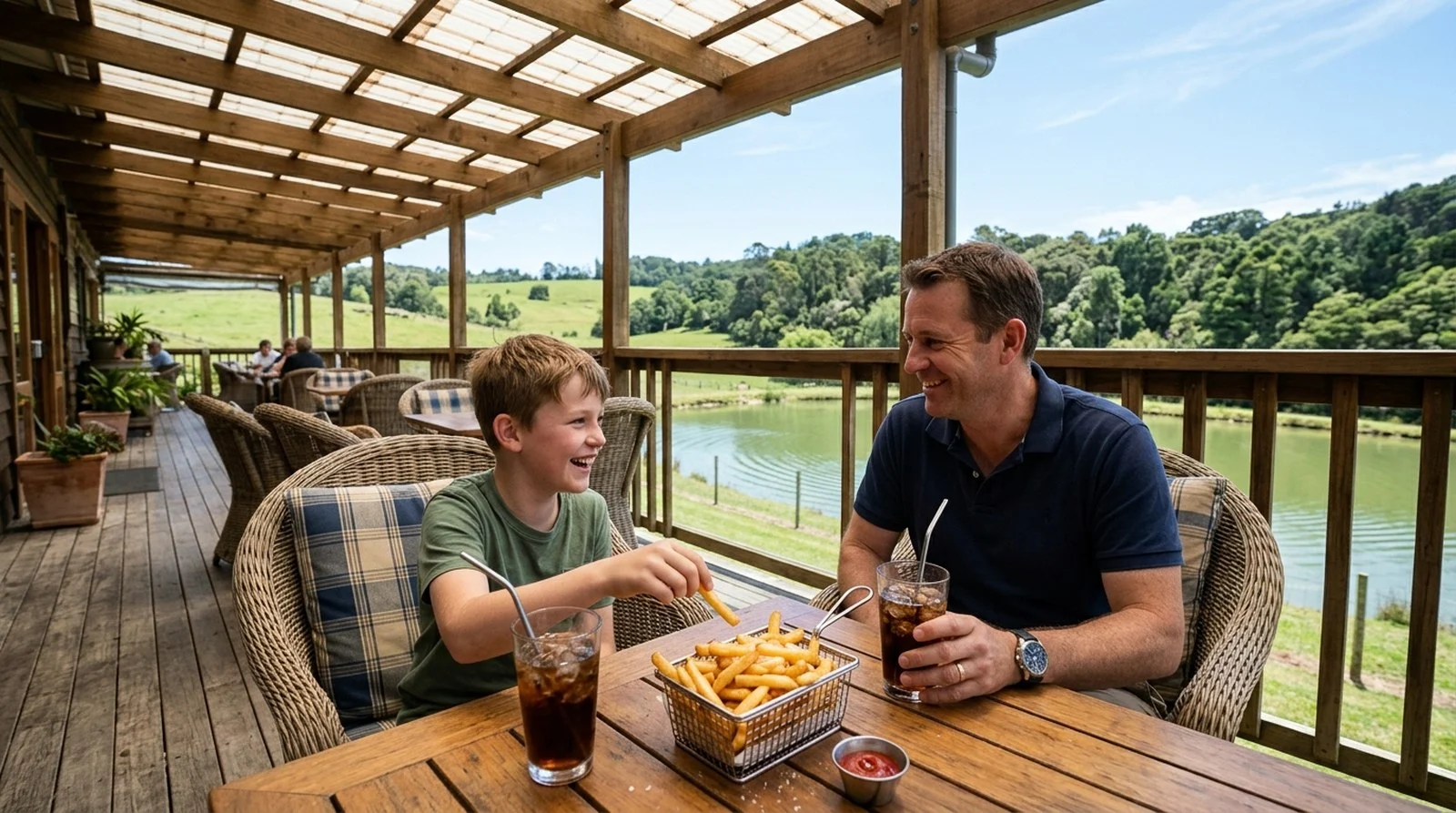 Pai e filho sentados no deck coberto do clube, com refrigerante e uma porção de batata frita, com o lago ao fundo