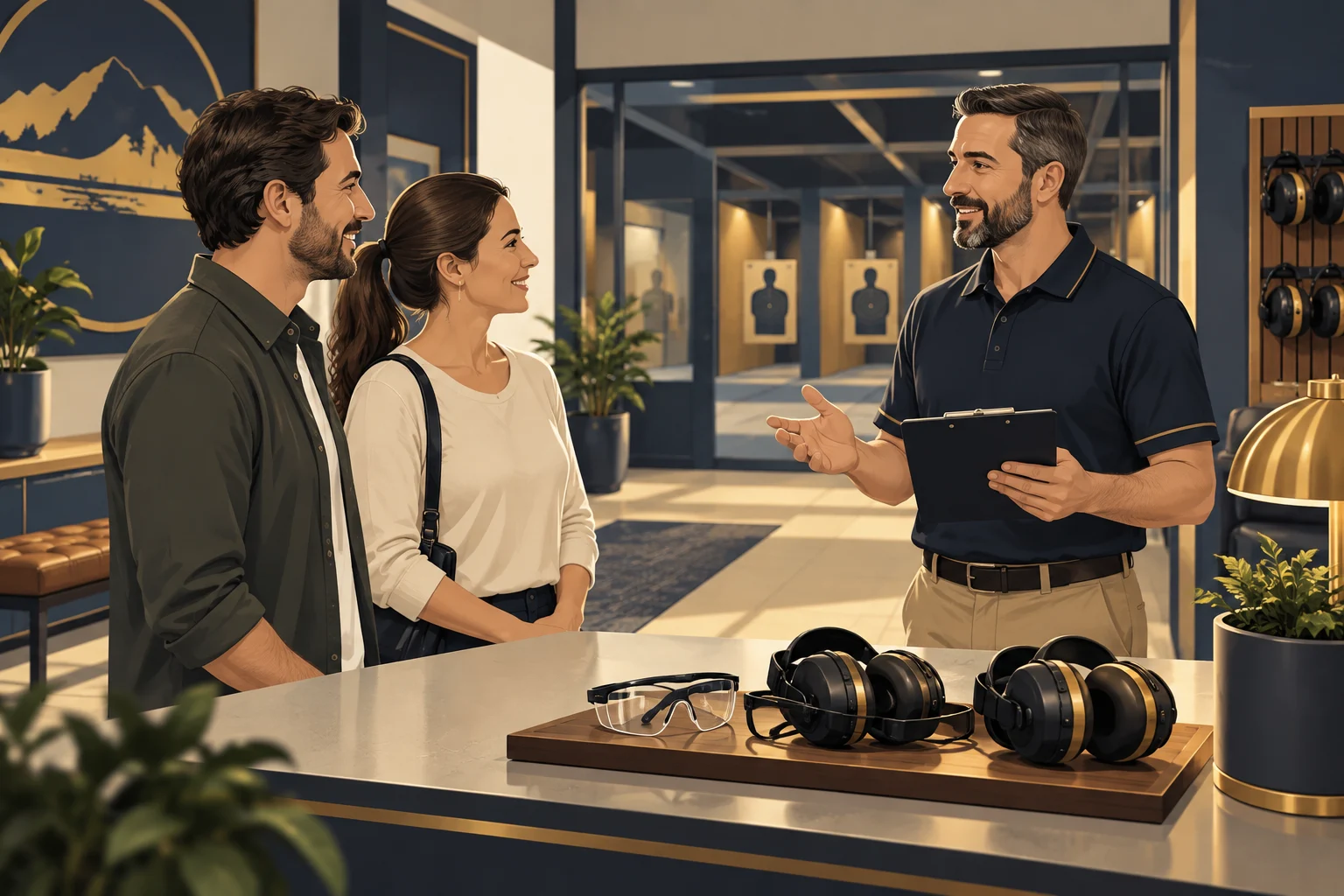 Ilustração de visitantes adultos recebendo orientações na recepção de um clube, com óculos e protetores auditivos no balcão.
